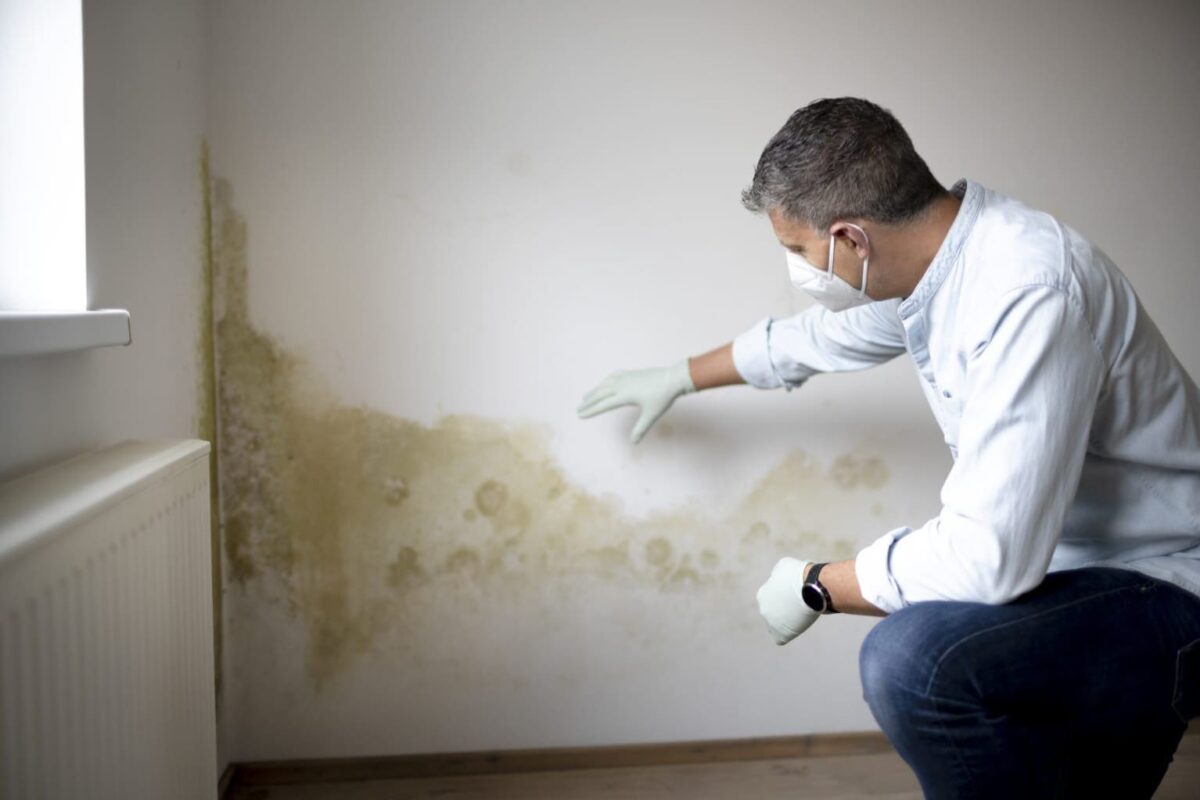 Homem profissional observando uma infiltração na parede