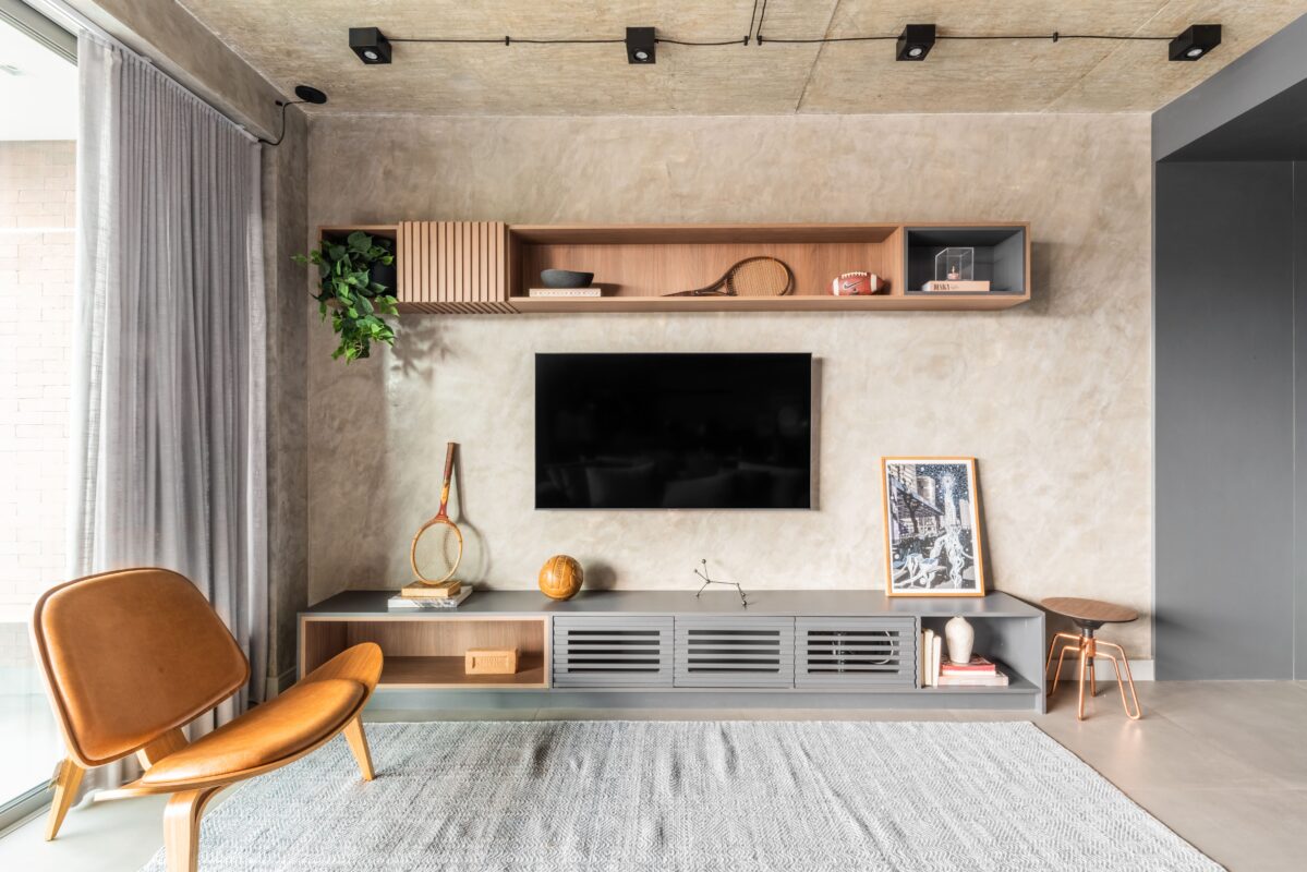 Decoração de sala de estar com texturas e cores nas paredes